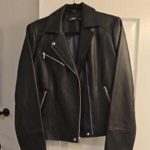Lauren Ralph Lauren Asym Moto Sleek Black Leather Jacket, Size L